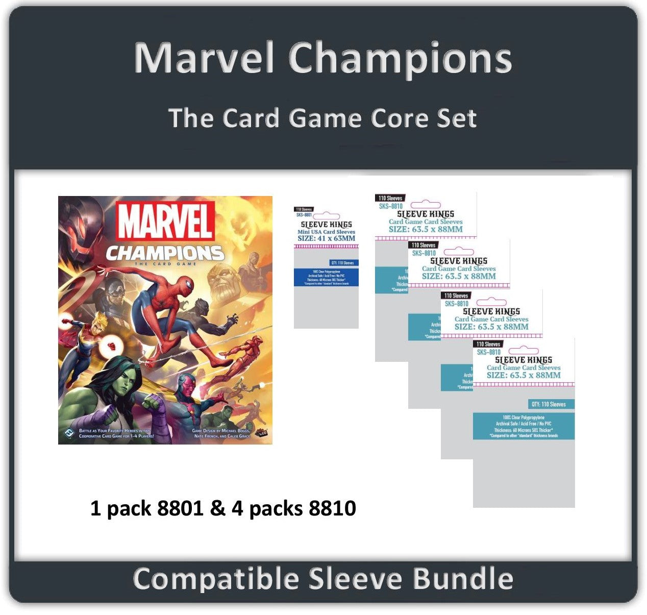 "Marvel Champions: The Card Game" Compatible (Core Set) Card Sleeve Bundle (8801 X 1 + 8810 X 4)